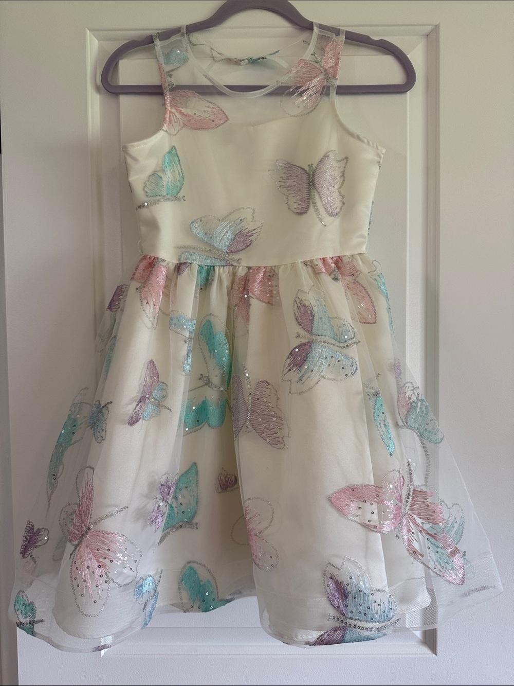 Girls Cream Butterfly Tulle Party Dress - Pastel Multi